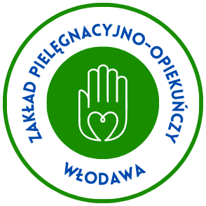 Obraz przedstawia napis w kole Zakład pielęgnacyjno-opiekuńczy Włodawa. W środku koła znajduje się drugie zielone koło w którym jest przedstawiona dłoń w środku której znajduje się serce.