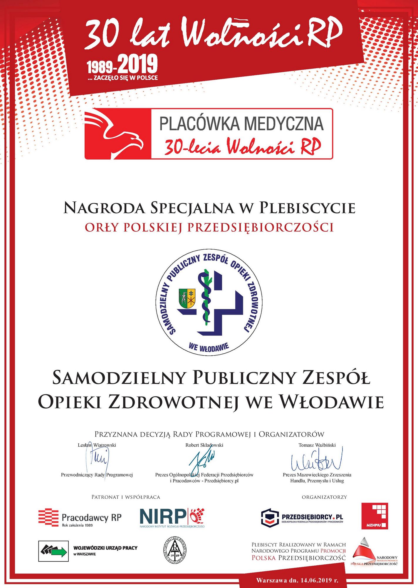 Skan dyplomu Orły Polskiej Przedsiębiorczości 2019 r.