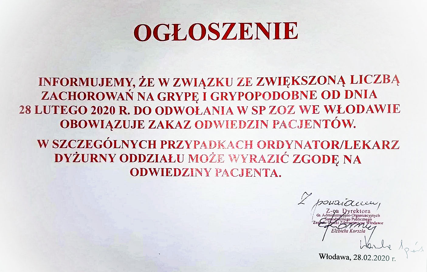 Ogłoszenie o zakazie odwiedzin pacjentów w SPZOZ we Włodawie