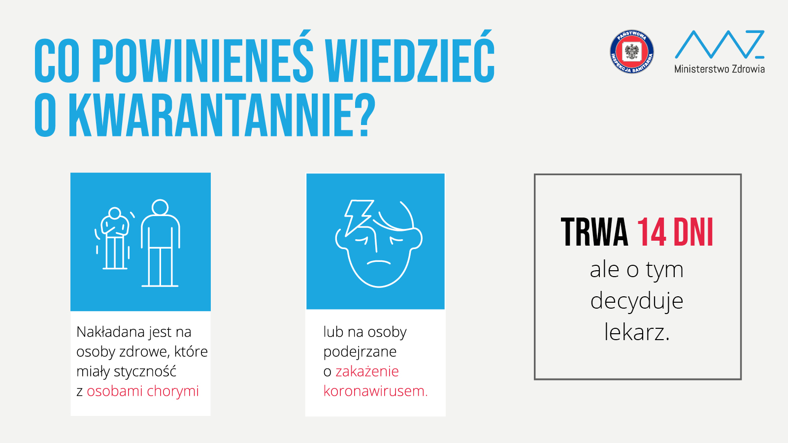 Co powinieneś wiedzieć o kwarantannie? Nakładana jest na osoby zdrowe, które miały styczność z osobami chorymi lub osoby podejrzane o zakażenie koronawirusem. Trwa 14 dni, ale o tym decyduje lekarz. 