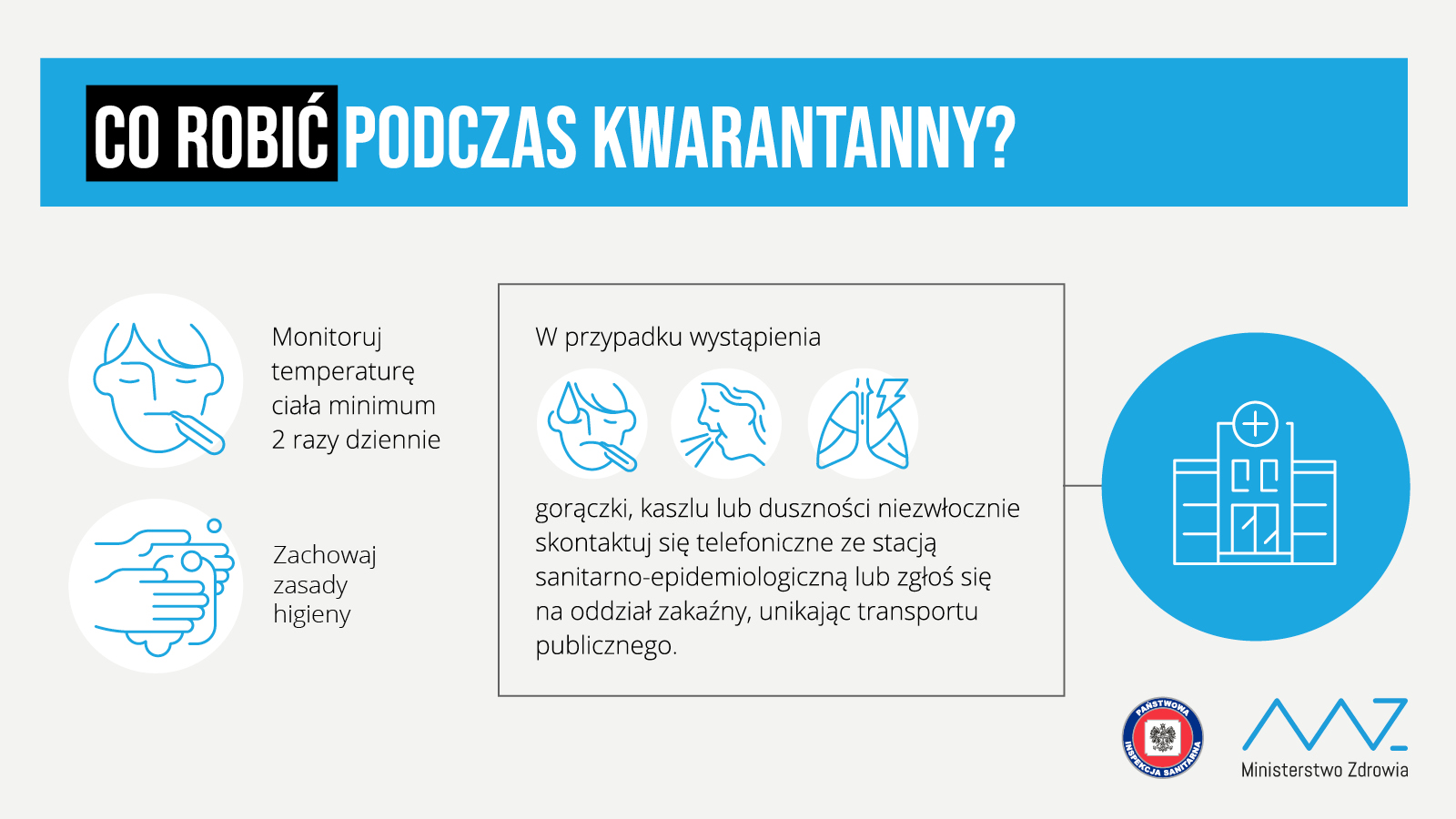 Co robić podczas kwarantanny? Monitoruj temperaturę ciała min. 2 razy dziennie. Zachowuj zasady higieny. W przypadku wystąpienia gorączki, kaszlu lub duszności niezwłocznie skontaktuj się telefonicznie ze stacją sanitarno-epidemiologiczną lub zgłoś się na oddział zakaźny, unikając transportu publicznego.