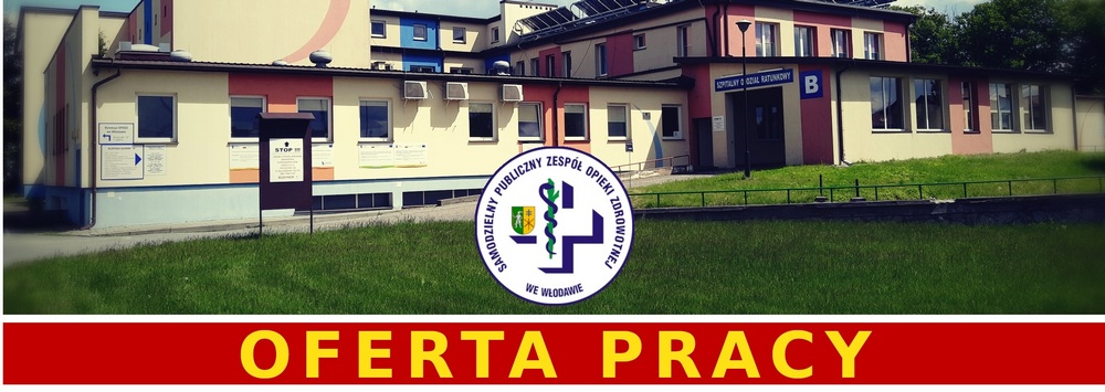 Grafika dekoracyjna, W tle budynek Izby Przyjęć, Logo szpitala i poniżej napis: Oferta pracy