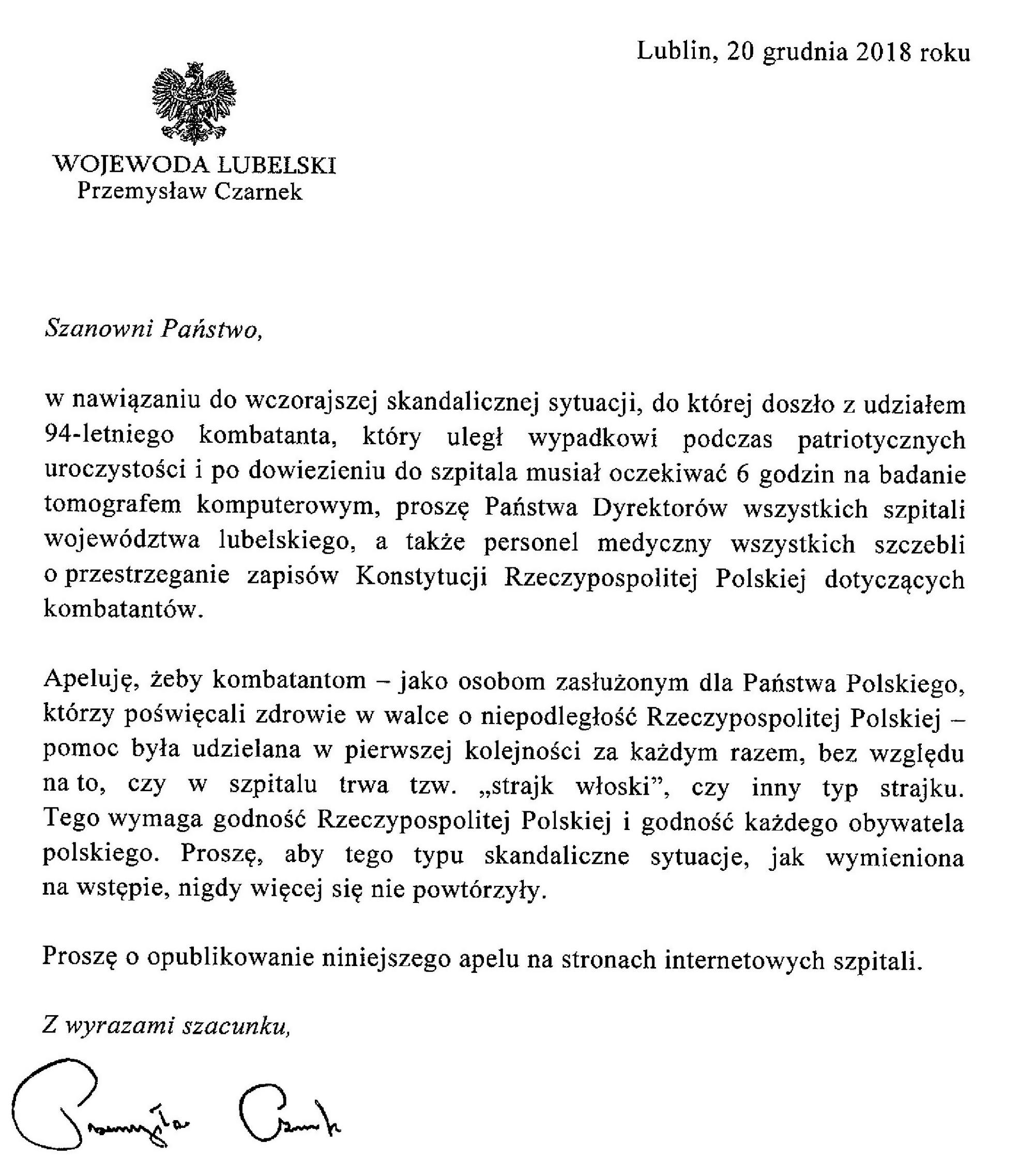 Pismo z prośbą od Wojewody lubelskiego do placówek medycznych