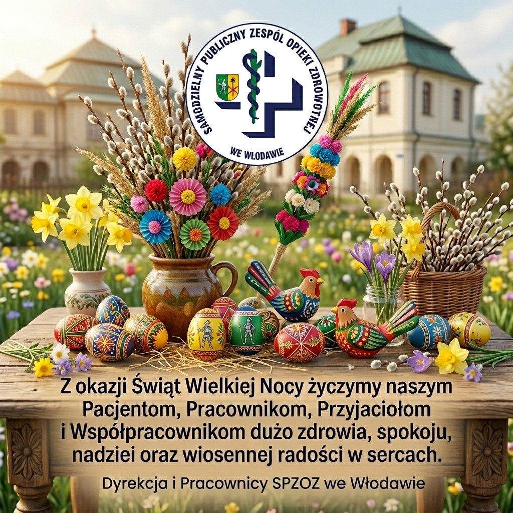 Grafika z życzeniami wielkanocnymi, w tle budynek, na wprost stół z pisankami i ozdobami swiątecznymi
